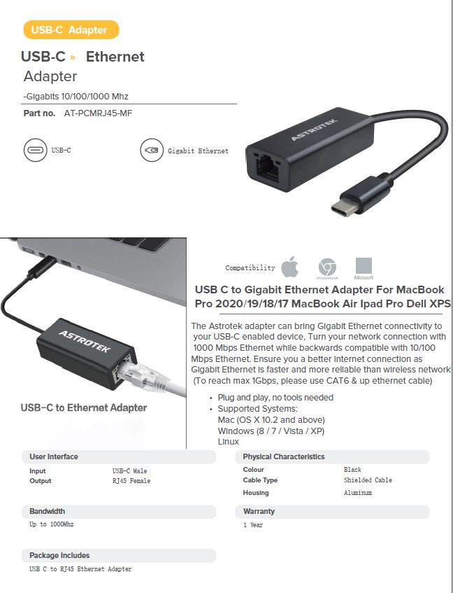 USB-C to RJ45 Gigabit LAN Network Ethernet Adapter